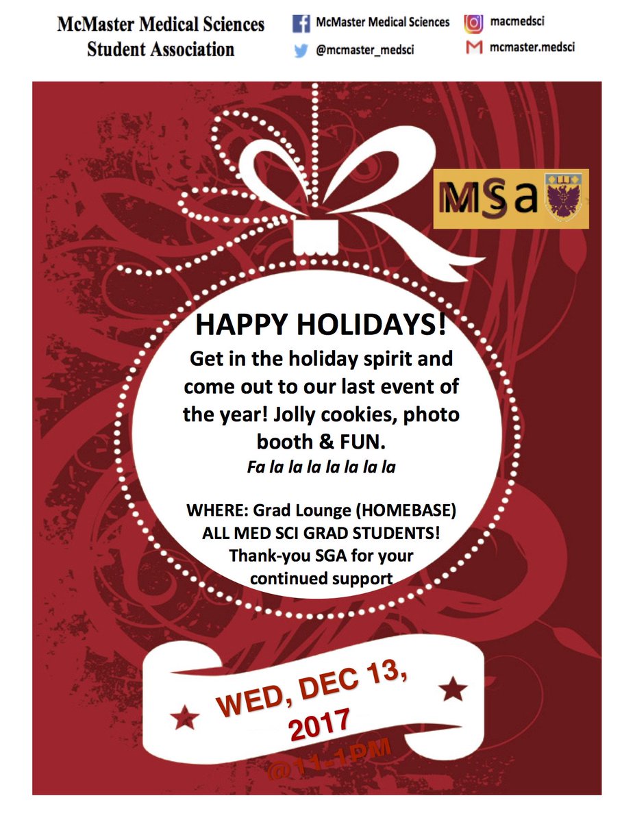 Come on out all #medsci students, its our last event for this year! Bring your holiday holiday cheer and get ready for a fun filled day!! 11-1pm in the Grad Lounge (HOMEBASE) on Wednesday, December 13. HAPPY HOLIDAYS!! 🎄🎄🎅🤶🎁