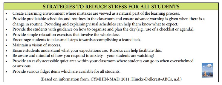 ONTSpecialNeeds's tweet photo. Here are some strategies to reduce stress for ALL students: https://t.co/gSUx30QH69