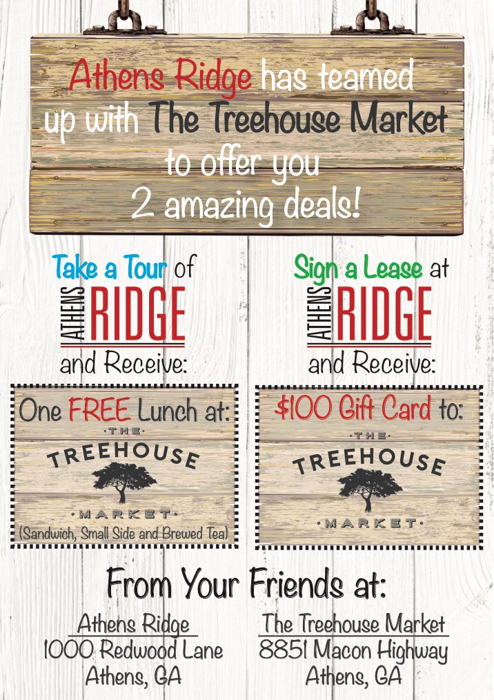 AthensRidge's tweet photo. Come one and come all to join us for lunch at The Treehouse Market! All you have to do it take a tour with us and sign a lease! #livebigathens #winbig #athensridge https://t.co/CD7dOdLiSp