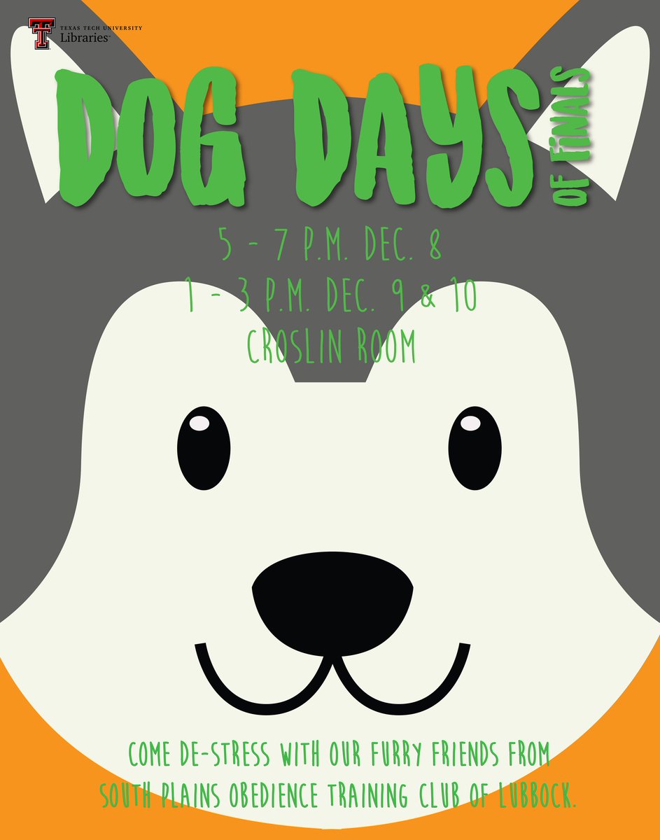 TexasTechLib's tweet photo. Come de-stress with our furry friends from South Plains Obedience Training Club of Lubbock. It is a bark-tacular #StudyBreak! #DogDaysOfFinals #GoLibrary #ThankYouSPOTC #WoofWoof https://t.co/bjs6pO5d4u