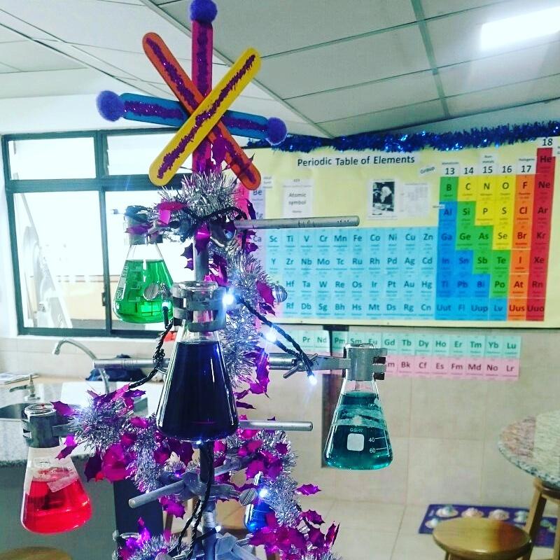 MissZanstra's tweet photo. Annual #chemistree is in position! #sciencepuns #BSQ https://t.co/2FeQsND8BE