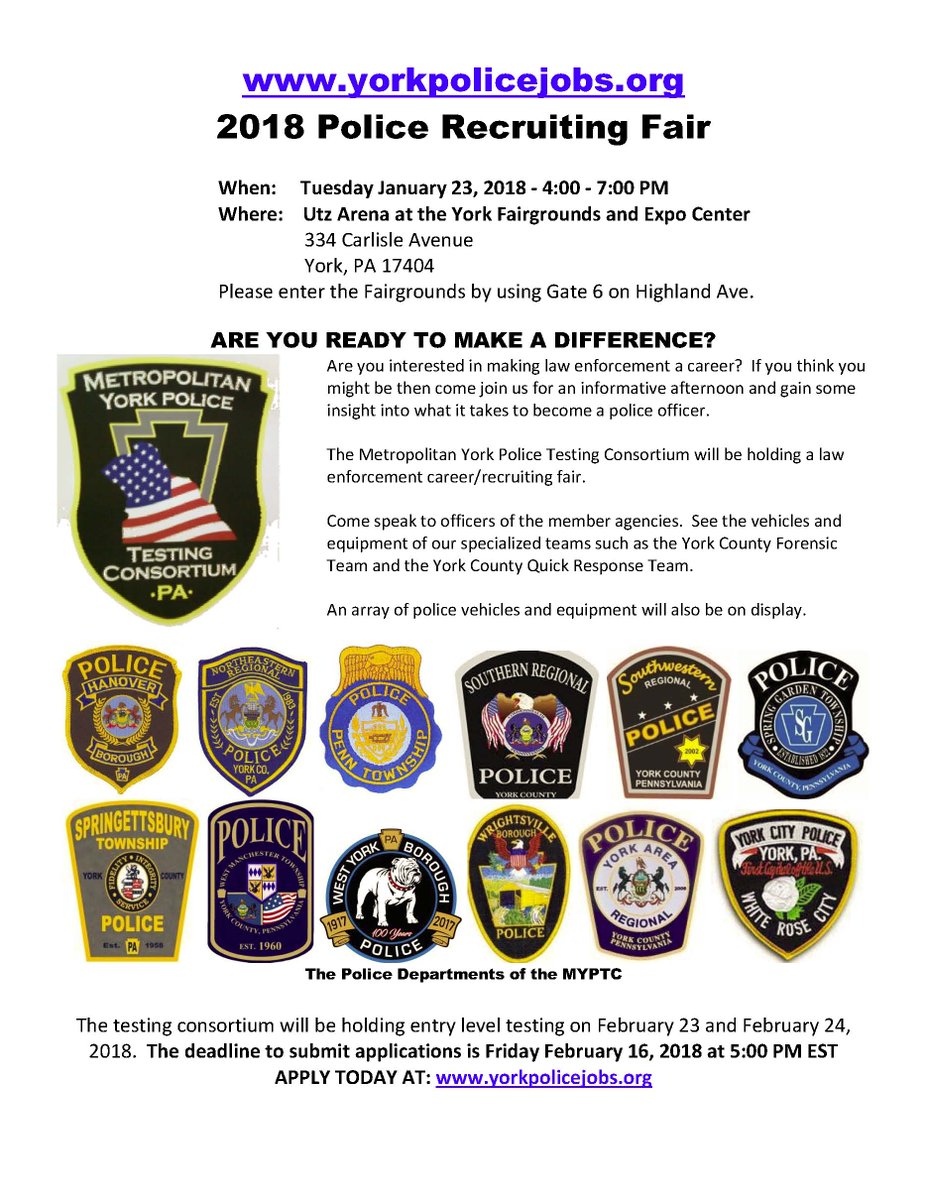 YorkPoliceJobs's tweet photo. Save the date.  The York Police Jobs 2018 Recruiting Fair will be held on Tuesday January 23, 2018.  Check out the flyer for details.  We hope to see you there! https://t.co/v7yHqYi4E0