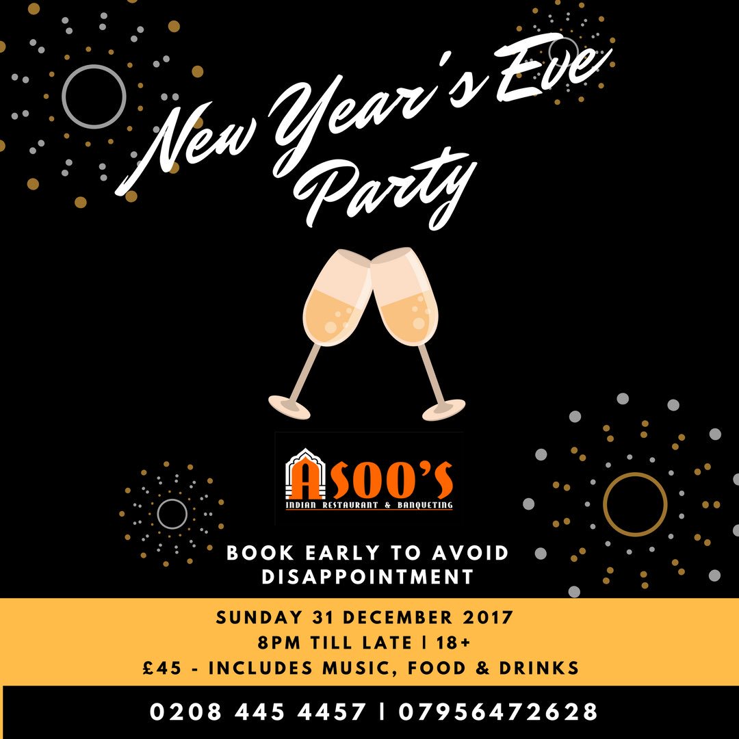 asoosrestaurant's tweet photo. We are having a NYE Party! 🍾
Ring in 2018 with us with plenty of music 🎵 Music , 🥘 Food and 🥂 Drinks! .
.
Book early to avoid disappointment
.
📞 07956472628 / 0208 445 4457
#nye2017 #london #party #nye https://t.co/IChKrCCZlG