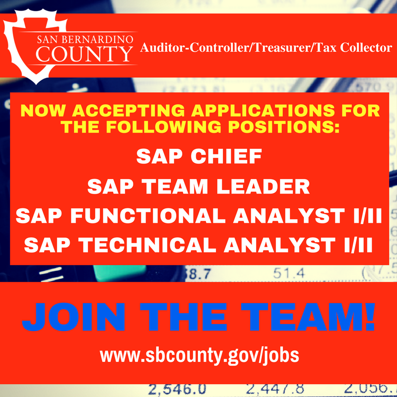 sbcountycareers's tweet photo. The Auditor-Controller/Treasurer/Tax Collector's office is now hiring! Apply today for this exciting opportunity to join the team! https://t.co/k2hOm7kb6P
#SAPAnalyst #FunctionalAnalyst #Accounting #SystemsAnalysis #CPA #Finance #GovernmentJobs https://t.co/A0cFtHVTm1