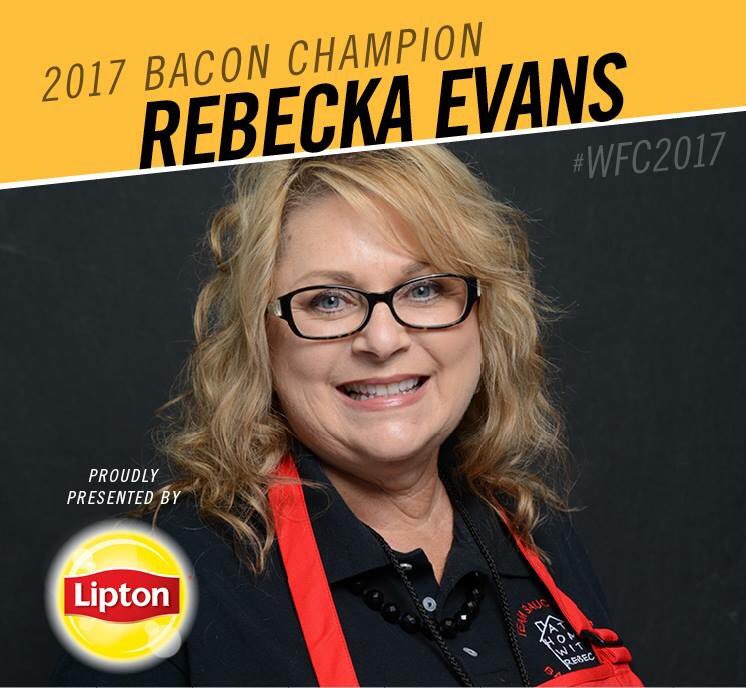 WorldFoodChamp's tweet photo. This Saucy Mama really brought some sizzle to #WFC2017! 

Congratulations to Home Cook 'Rebecka Evans for being crowned the 2017 World Bacon Champion and taking home $10,000! 

Check out how Rebecka's "Perfect Bite Pays Off" -->  https://t.co/hIKDPc65PV

#WFCExperience #FoodSport https://t.co/wEBGT9t4j7