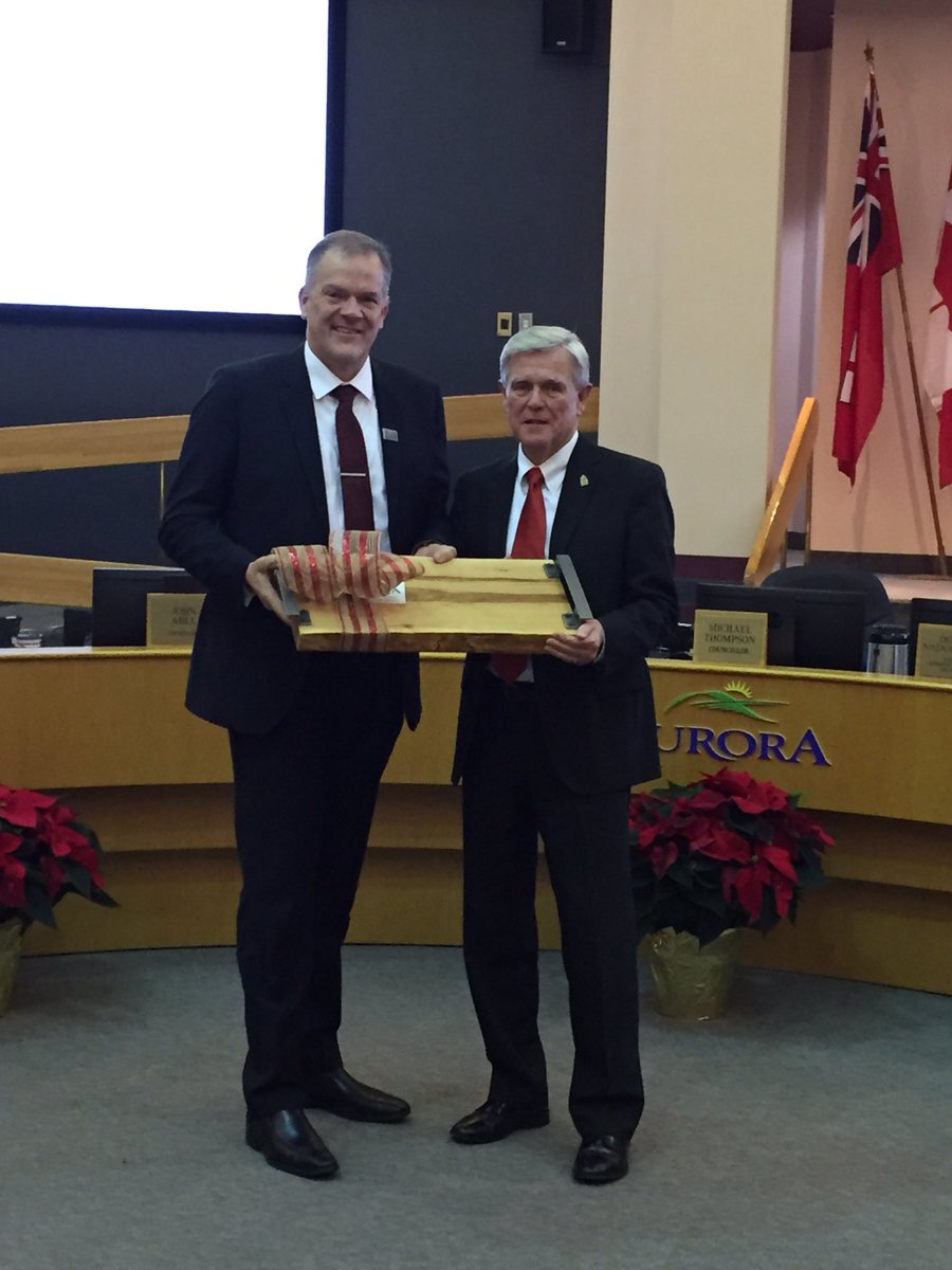 The Town of Aurora welcomed the <a href="/CanadianFWI/">CFWI</a> tonight by presenting Dean Craig Youdale with a handmade cheeseboard crafted by Town staff. We're excited the Canadian Food and Wine Institute from <a href="/niagaracollege/">Niagara College</a> is coming to Aurora! #partnership #community