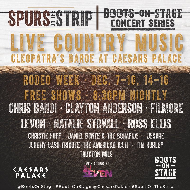 ClaytonAnderson's tweet photo. Hey #LasVegas, let’s rock this #Rodeo! Come join us for the @BootsOnStage #ConcertSeries at #CaesarsPalace at #CleopatrasBarge on Dec 15th. All shows are FREE! See you in #SinCity. #SpursOnTheStrip #BootsOnStage https://t.co/aaLr8UlGwk