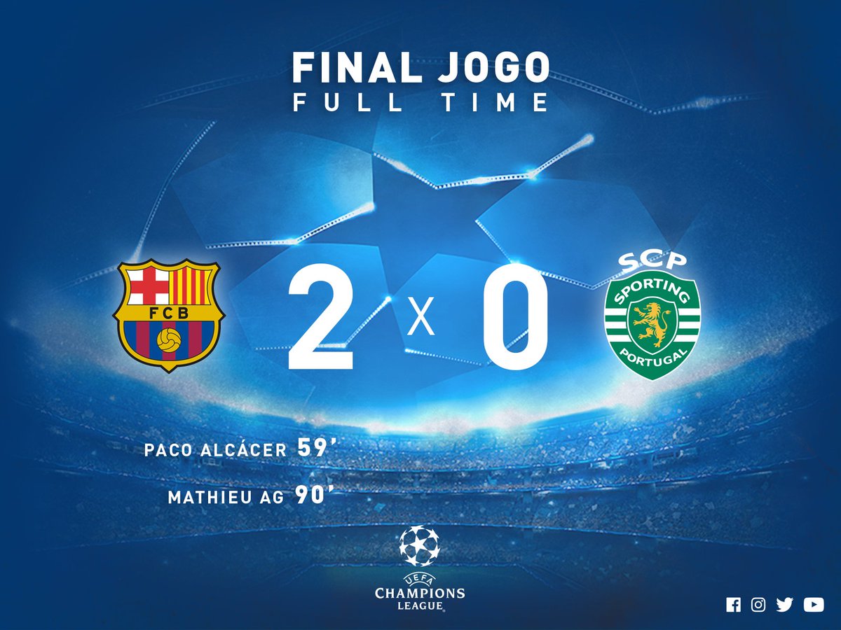 SportingCP's tweet photo. #UCL | #BARSCP | ⏱Final do jogo | Caímos para a Liga Europa, mas caímos de pé! Obrigado pelo incrível apoio que tivemos em Camp Nou 🙌 #DiaDeSporting https://t.co/jmzVJZIypN