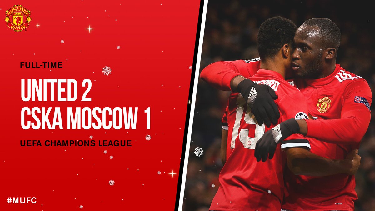 ManUtd's tweet photo. FT: #MUFC 2 CSKA Moscow 1.

Job done as the Reds come back from a goal down to win, and book our place in the #UCL last 16! https://t.co/XftyvFJoBU