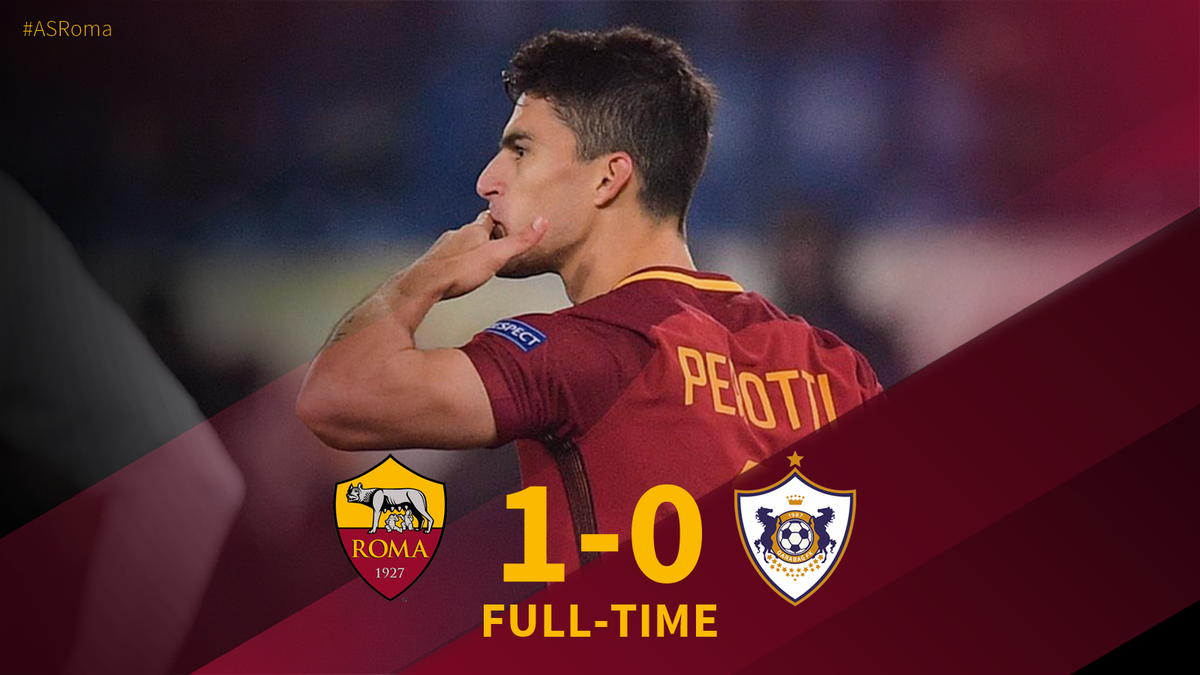 OfficialASRoma's tweet photo. TRIPLICE FISCHIO! SIAMO AGLI OTTAVI DI @ChampionsLeague!!! VINCIAMO GRAZIE AL GOL DI @D_10Perotti!

#RomaQarabag 1⃣-0⃣ https://t.co/4Y5astZ34F