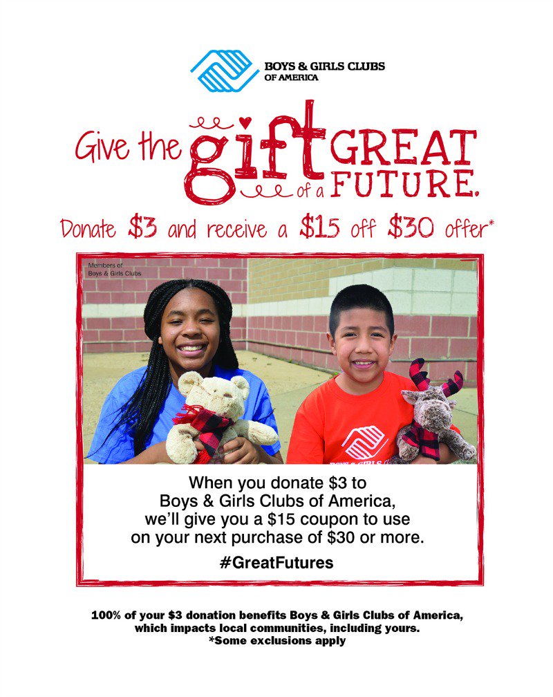 When you donate $3 to Boys &amp; Girls Clubs at a <a href="/bonton/">Bon Ton</a> register, you’ll receive a $15 coupon off purchases of $30 or more! They’re also donating 100% of Holiday Plush Animals net proceeds to Clubs! Thank you <a href="/bonton/">Bon Ton</a> for giving the gift of a great future! bit.ly/2mCeCdp