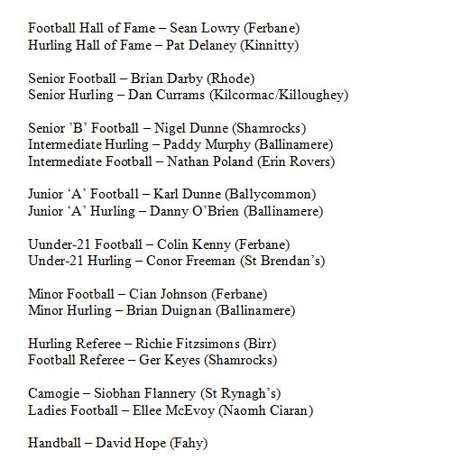 Congratulations to this year's Offaly GAA Award winners