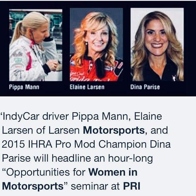 .@ElaineLarsen will take the stage at @prishow along with @PippaMann and @DPariseRacing . #WomenInMotorsports #jetlife  #PRI #PerformanceRacingIndustry #racing