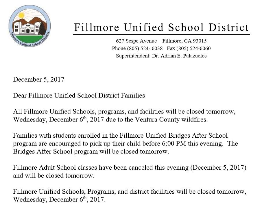 Fillmore Unified (@fillmoreusd) on Twitter photo Fillmore Unified Schools, programs, and facilities will be closed tomorrow, Wednesday, December 6th, 2017. Fillmore Unified Schools, programs, and facilities will be closed tomorrow, Wednesday, December 6th, 2017.
