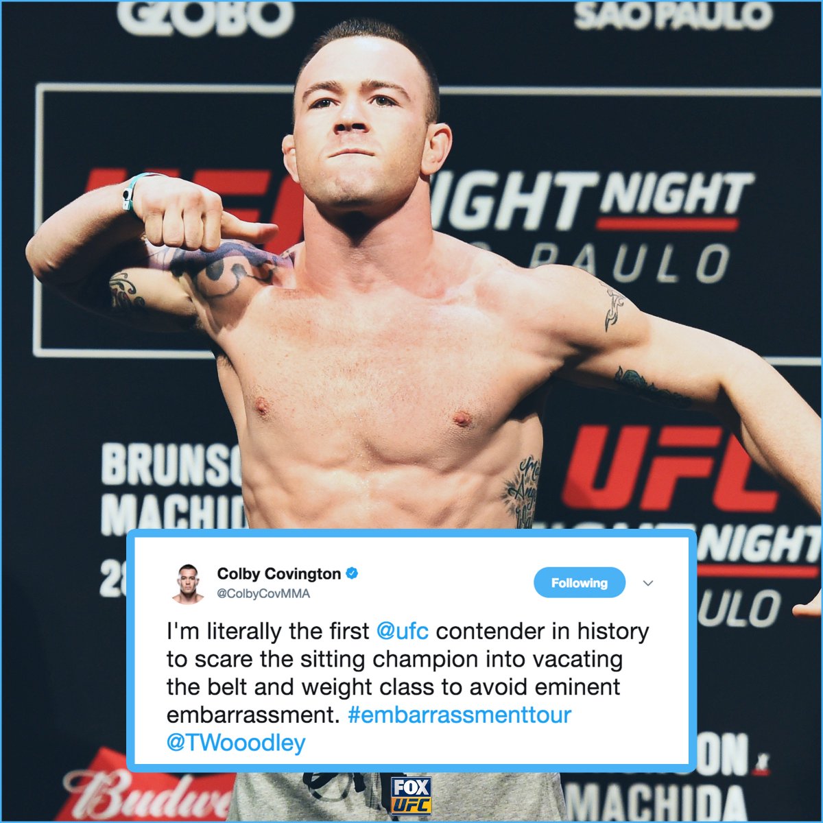 UFCONFOX's tweet image. Welp. @ColbyCovMMA clearly isn’t done with his war of words vs. @TWooodley. 

Do you think we’ll see Colby vs. Tyron in 2018?