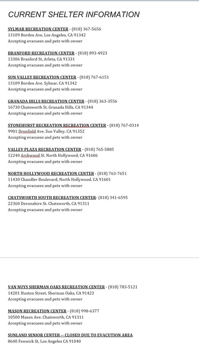 Here is the updated #CreekFire shelter info available for residents and pets evacuated from #Sylmar
