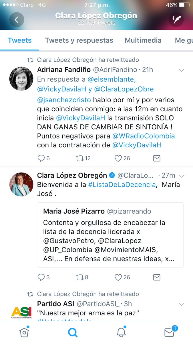 VickyDavilaH's tweet image. Observen este RT de @ClaraLopezObre donde le escriben a @jsanchezcristo quejándose por haberme contratado. Realmente eso no debería hacerlo una candidata presidencial, una demócrata! Doctora Clara mientras tanto defiende a Samuel Moreno.