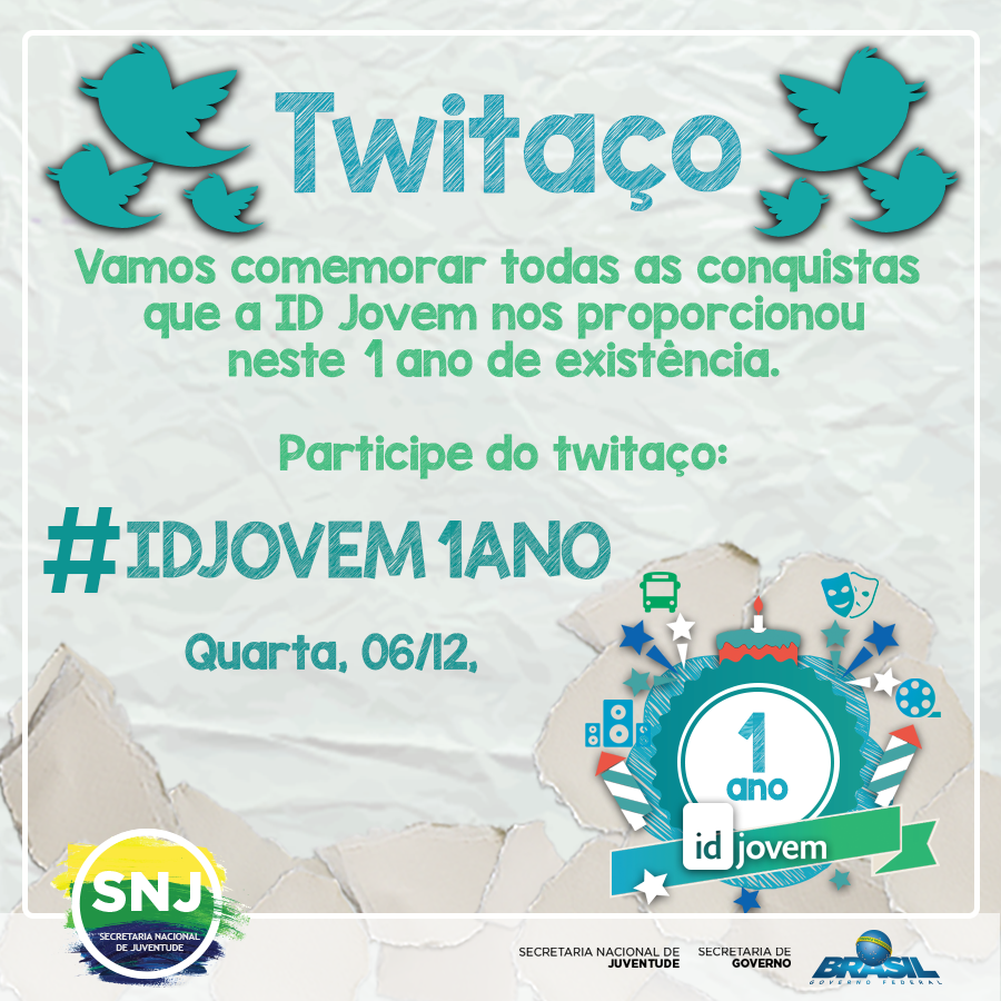 SNJuventude's tweet photo. ID JOVEM 1 ANO - TWITAÇO
Vamos comemorar juntos hoje, 06/12, com um twitaço! Participe com a hashtag: #IDJovem1Ano https://t.co/N7AY8iPbr6