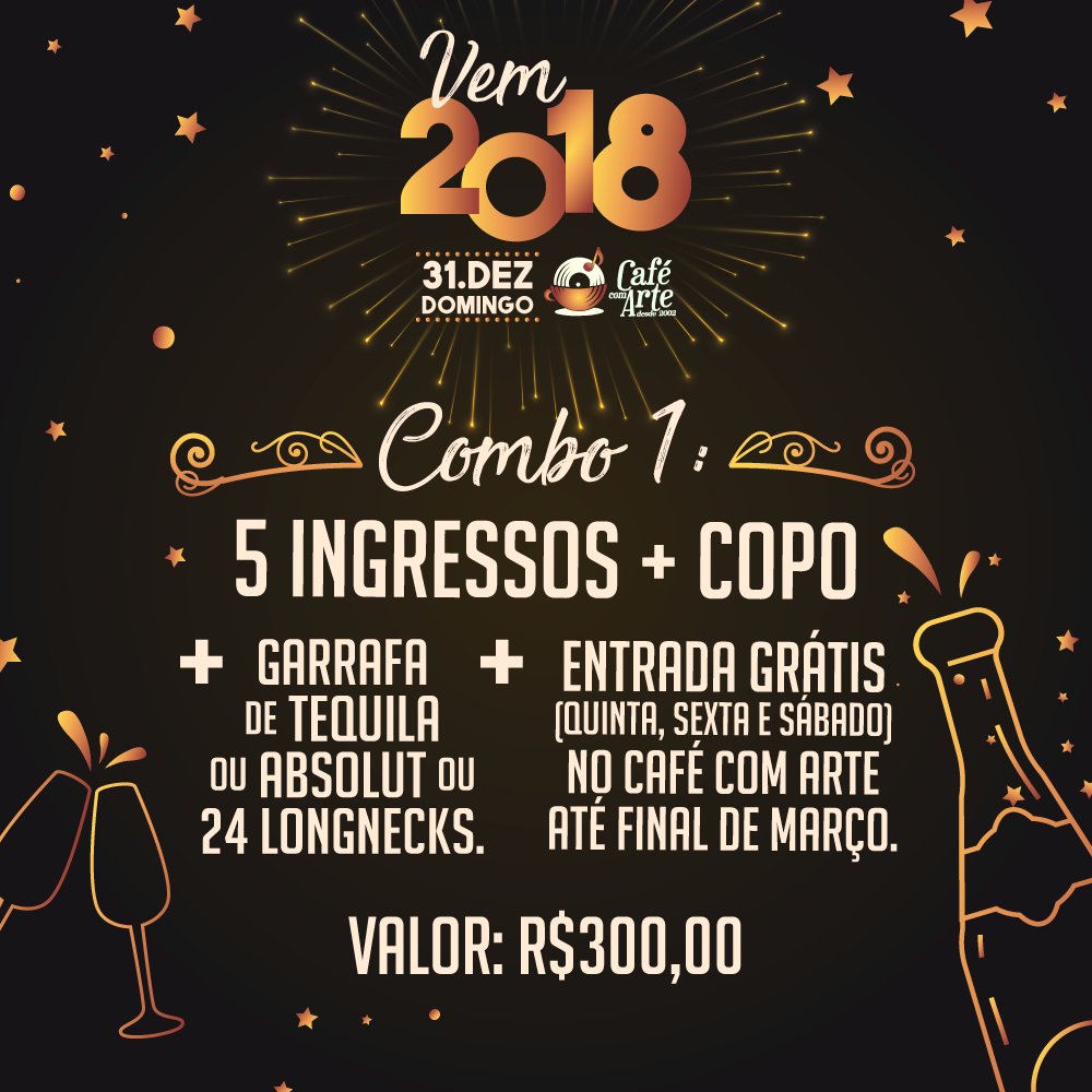 cafecomartepa's tweet photo. 🥂🍾 Preparados para se despedir de 2017 com toda essa energia e diversão do Café com Arte? Adquira o seu combo aqui na nossa bilheteria. (débito, crédito ou dinheiro) #reveillon #simplesmentediferente #love #newyear https://t.co/UEBg4KRWZk