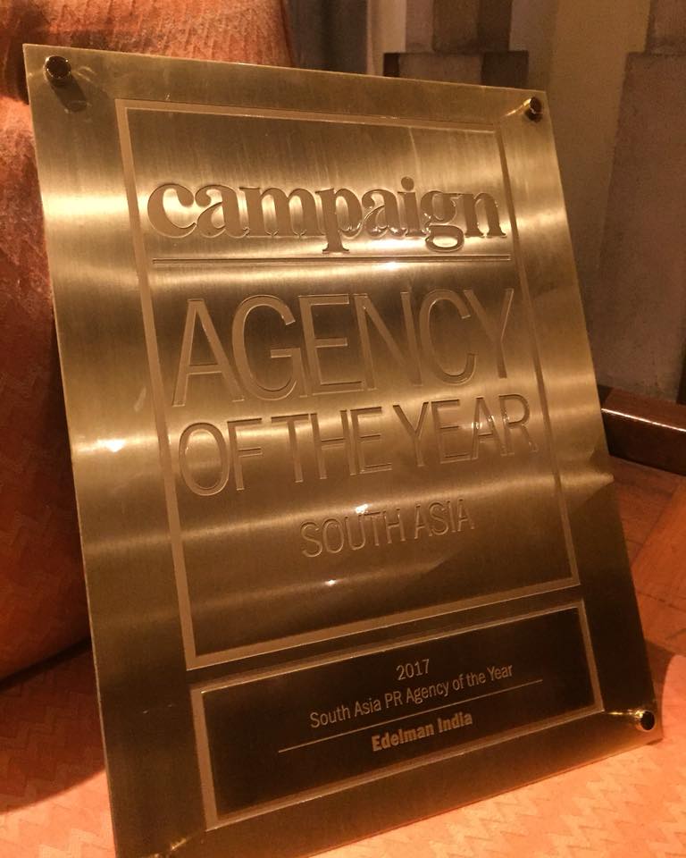 Congratulations to <a href="/Edelman_India/">Edelman India</a> for winning Gold as 2017 South Asia PR Agency of the Year at #campaignAOY!