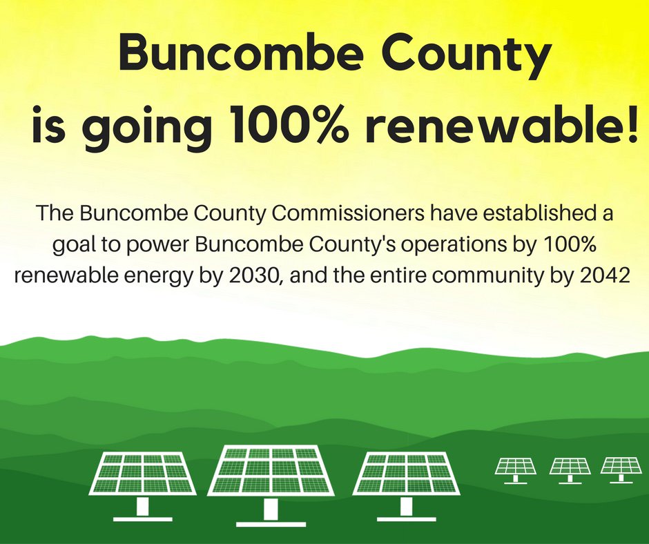 RenewAVL's tweet photo. Thank you to the bold and compassionate leadership of County Commission Chairman @newmanasheville and Commissioners @jbeachferrara, @EllenFrost2012 , and Alfred Whitesides for passing the 100% #RenewableEnergy initiative for Buncombe County. https://t.co/ms1w6fi8sy