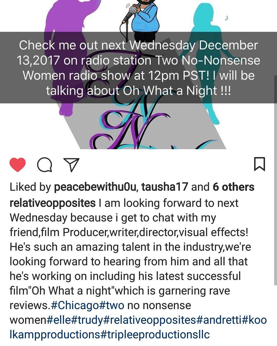 TwoNononsense's tweet image. Tune in Dec 13 Wednesday@1.00pm we have a special guest from La Andretti Dante. He will tell us all about his new movie "Oh What A Night". S
