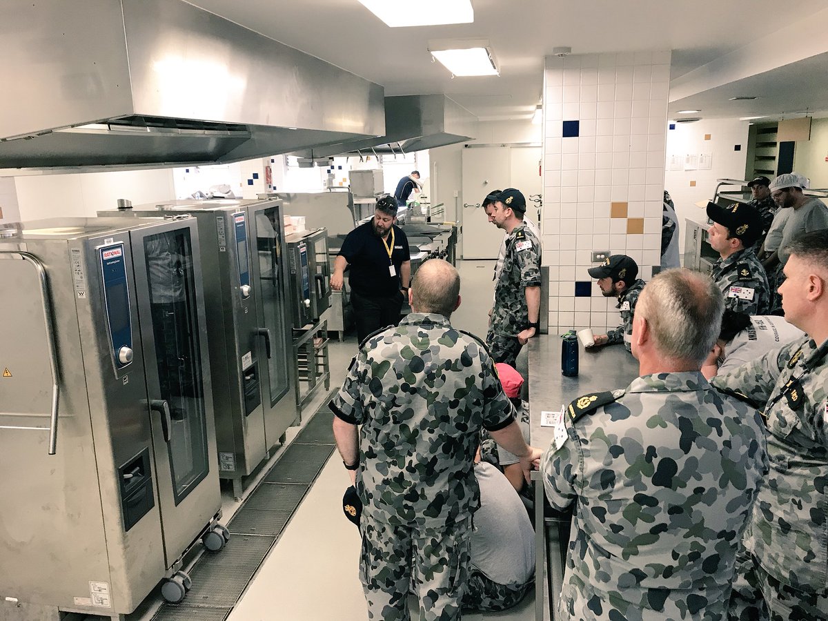 hognod's tweet photo. HMAS Kuttabul staff getting a lesson from @DavidElsum on how to get the best out of their new @RATIONAL_AUS units. This Govt Defence site also chose Garland and Mareno cooking equipment. @comcater @RATIONAL_AG https://t.co/DsMRuXybTC