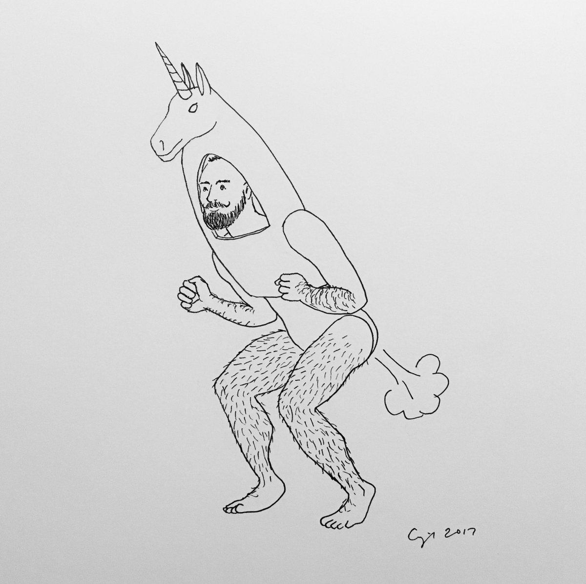 CupidOjala's tweet photo. “Unicorn Wind Maker”, 2017, pigma pen on paper, 9x12 in.  #unicorn #queer #transgender #wind #hairylegs #beard https://t.co/2CdkyJQGQN