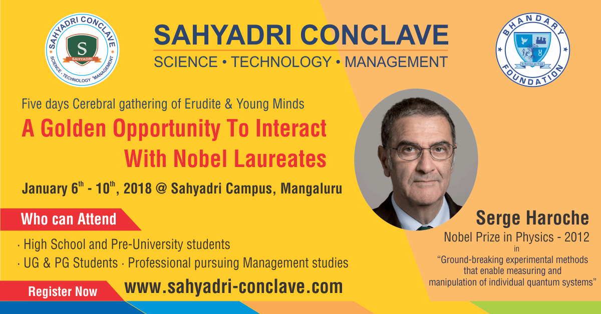 sahyadri_campus's tweet photo. #SahyadriConclave SCIENCE • TECHNOLOGY • MANAGEMENT on Jan 6-10th 2018 @sahyadri_campus. Chance to meet and interact with Nobel Laureates. Don't miss the opportunity, Register Now #registerconclave #SahyadriCollege https://t.co/nk8iGksHCt