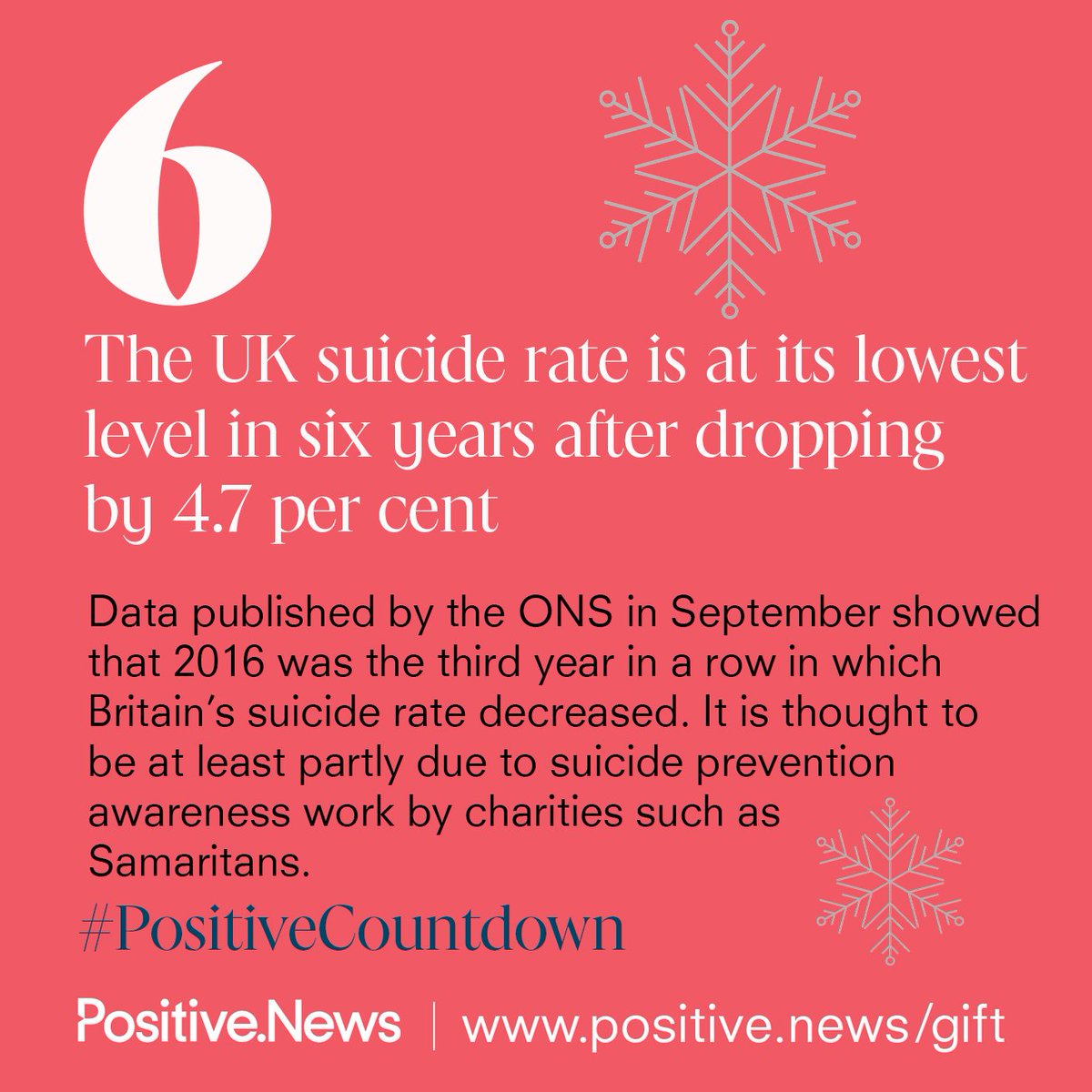 A drop in the suicide rate in Britain is being linked to prevention work in England. Read about it in today’s #PositiveCountdown advent calendar. Rebalance a friend's media diet with a gift subscription to Positive News magazine positive.news/gift #GiveStoriesNotStuff