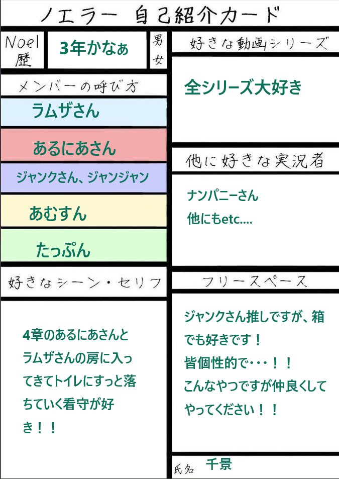千景 ノエラー自己紹介カード Noelchannel好きさんと繋がりたい Noelchannel のえらーさんと繋がりたい まったり夢小説書き始めました 不慣れな書き物なので拙い文章な上にメンバーの特徴を捉えられてないところもありますがまったりまったり書いて