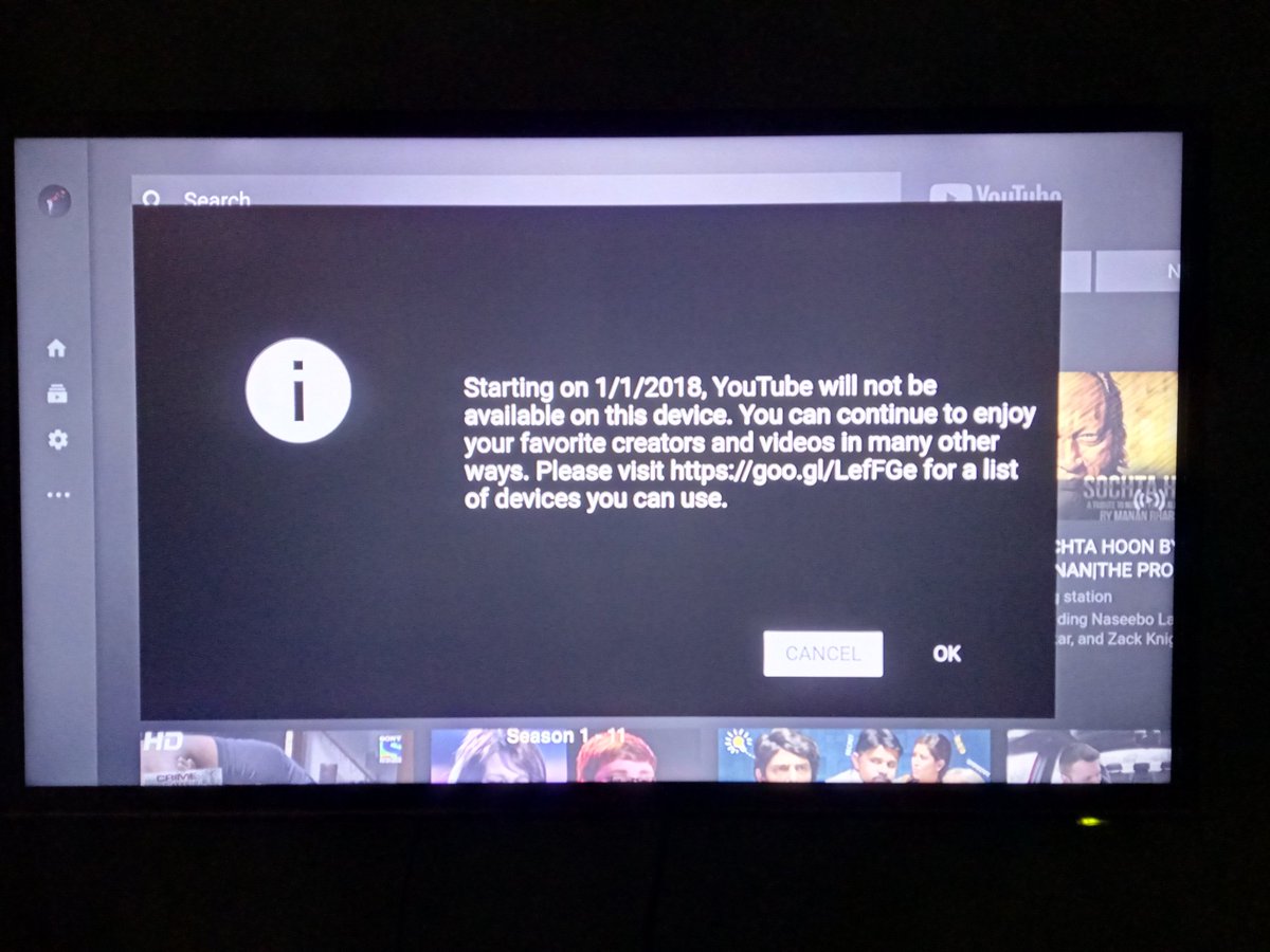 eqbalashraf's tweet photo. I use firestick to watch YouTube primarily and suddenly this message appears today. No #youtube on #FireTV from 1/1/18. Great! https://t.co/Pe53chi4ft