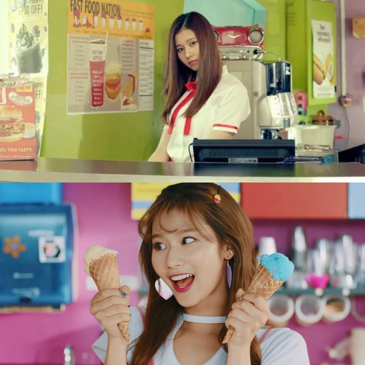 KSpazzing's tweet photo. Sana clearly knows selling ice cream was her calling compared to her last restaurant job 😄 #TWICE #GOT7 #A #Likey #JYP #iscreamforicecream #2014vs2017 @JYPETWICE @GOT7Official https://t.co/4g6kgWdR2Y