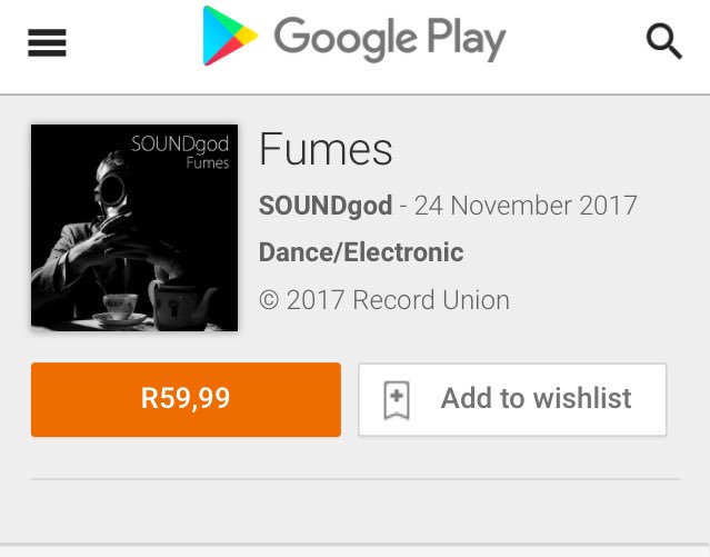 Get #Fumes, the debut album by SOUNDgod, now on <a href="/GooglePlayMusic/">Google Play Music</a> <a href="/GooglePlay/">Google Play</a> &amp; all major online stores and streaming sites 🎶 play.google.com/store/music/al… #loveSAmusic #sama24 <a href="/TheSAMAs/">The SA Music Awards</a> <a href="/SAMROMusic/">SAMRO</a>