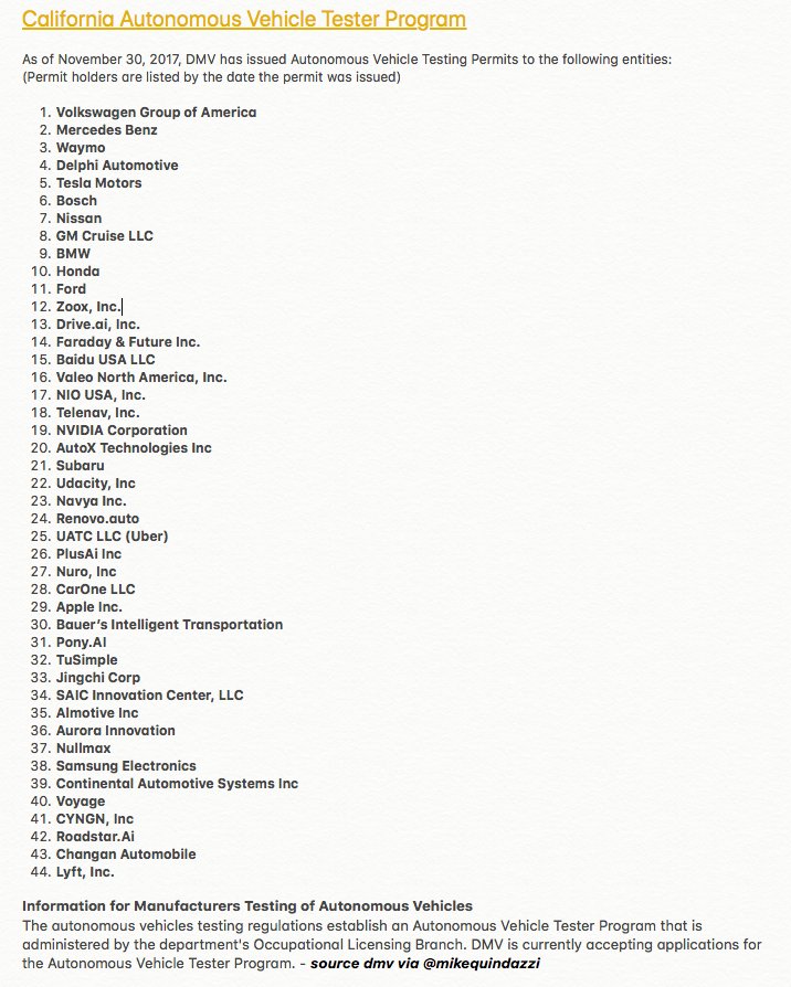 MikeQuindazzi's tweet photo. Ready for #selfdrivingcars? California @CA_DMV has now issued 44 #autonomousvehicle testing permits to different #automotive &amp; #technology companies. #ai #autonomousdriving #machinelearning #autonomous #startups https://t.co/Ub7iwXgFku