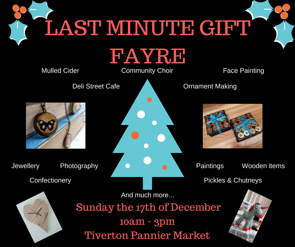 TivertonMarket's tweet photo. LAST MINUTE GIFT FAYRE @TivertonMarket #mulledcider #facepainting #communitychoir #ornamentmaking #uniquegifts #sunday17th #Christmas https://t.co/pW9U4hj0Tf