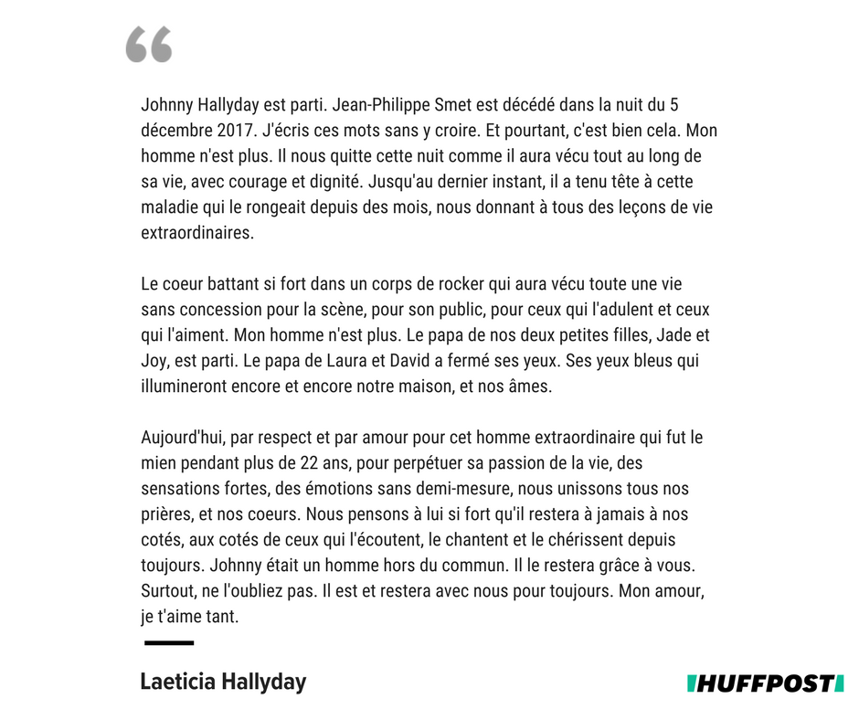 Le HuffPost on X: "Le texte poignant de Laeticia Hallyday pour annoncer le  décès de "son homme", Johnny Hallyday https://t.co/52a1DsurDh  https://t.co/60IoHpSRq1" / X