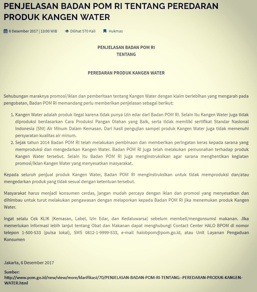 anjarisme's tweet photo. Perhatian! Penjelasan terbaru @BPOM_RI bahwa #kangenwater adalah produk ilegal karena tidak punya izin edar dari #BPOM.
#Kangenwater juga tidak diproduksi berdasarkan #CPPOB
Sumber: https://t.co/jFZ96oUWEm https://t.co/sDR1EDzebX