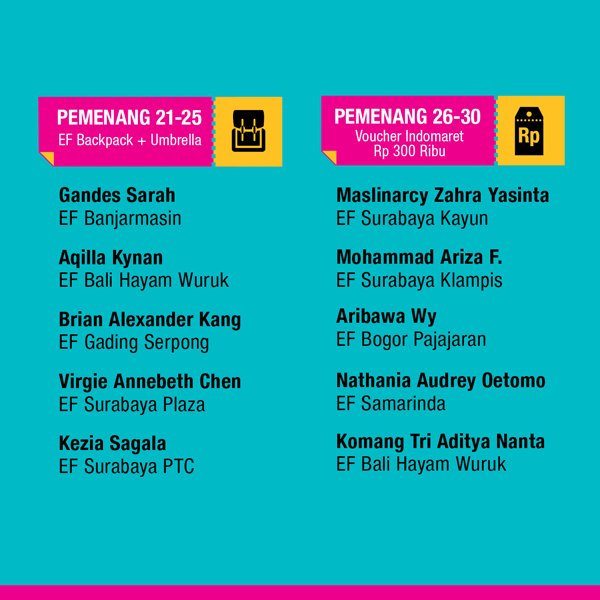 Selamat kepada para pemenang RAF di bulan Oktober. 🎉🎉 Terus ajak teman-teman kamu untuk kursus di EF juga. Info lebih lanjut kunjungi website kami di sini ef.id/raf06