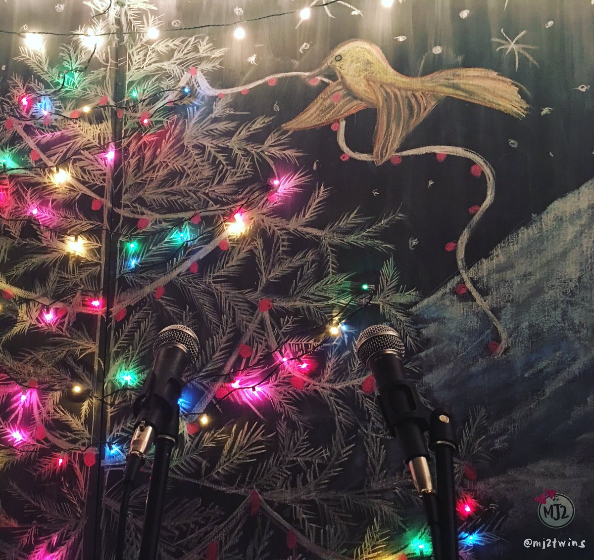 mj2twins's tweet photo. So close! So excited! So ready for our favorite time of year, let the holidays begin! New music on Wednesday! #newmusicalert #chalkart #christmastree #merrychristmas #tistheseason #christmaslights #christmas https://t.co/7nizYM8lXc