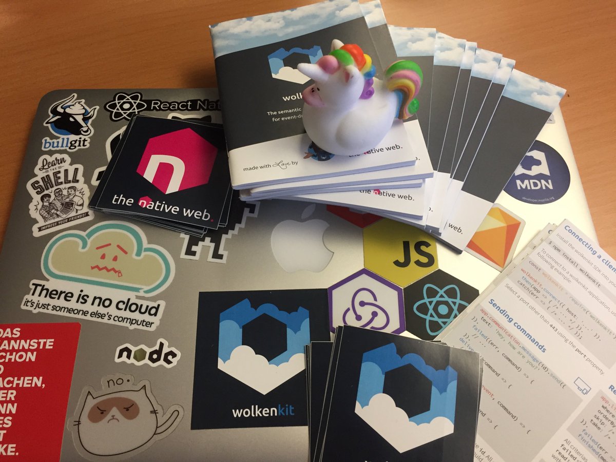 reneviering's tweet photo. I got some #wolkenkit brochures and stickers from @thenativeweb for my talk today at #KasselCodeMeetup with a nice introduction on #ddd, #cqrs and #eventsourcing. Thanks a lot! 🎉💖 #JavaScript #wolkenkit #reactjs https://t.co/PWA2ZZfHAH