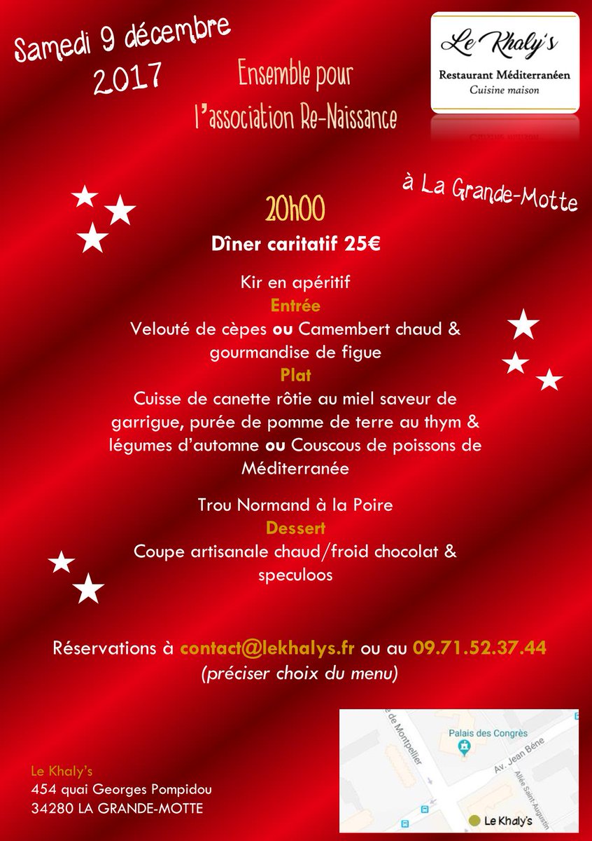 lekhalys's tweet photo. Le menu du 9 décembre au Khaly's #LaGrandeMotte pour le dîner caritatif au profit de l'association #ReNaissance de @leaxavier34 ! Réservez vite ! #Occitanie @TourismeSDF @Midilibre @GazetteLive34 #Montpellier #Resto #Ensemble ! https://t.co/sojpj5aIKJ https://t.co/yFr0Adld4l