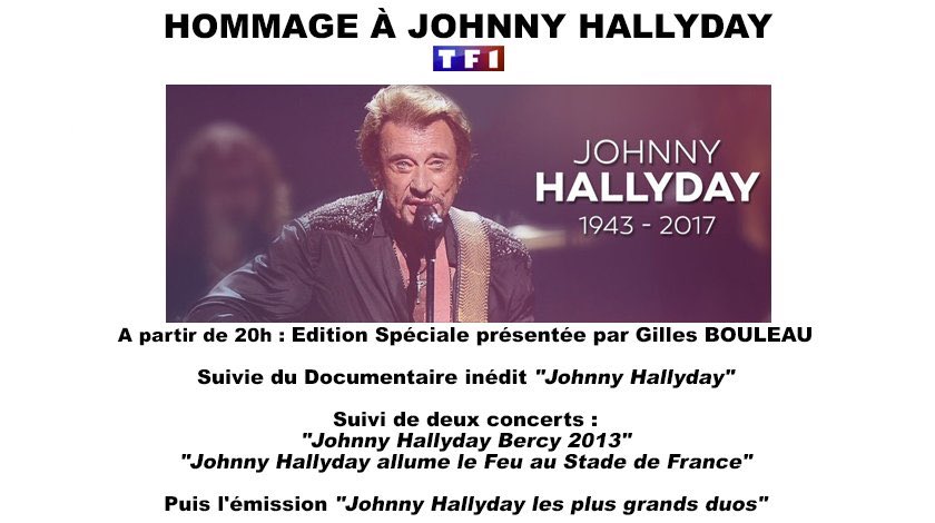 TF1's tweet photo. En hommage à #JohnnyHallyday, #TF1 bouleverse ses programmes. https://t.co/9BKxrGGQit