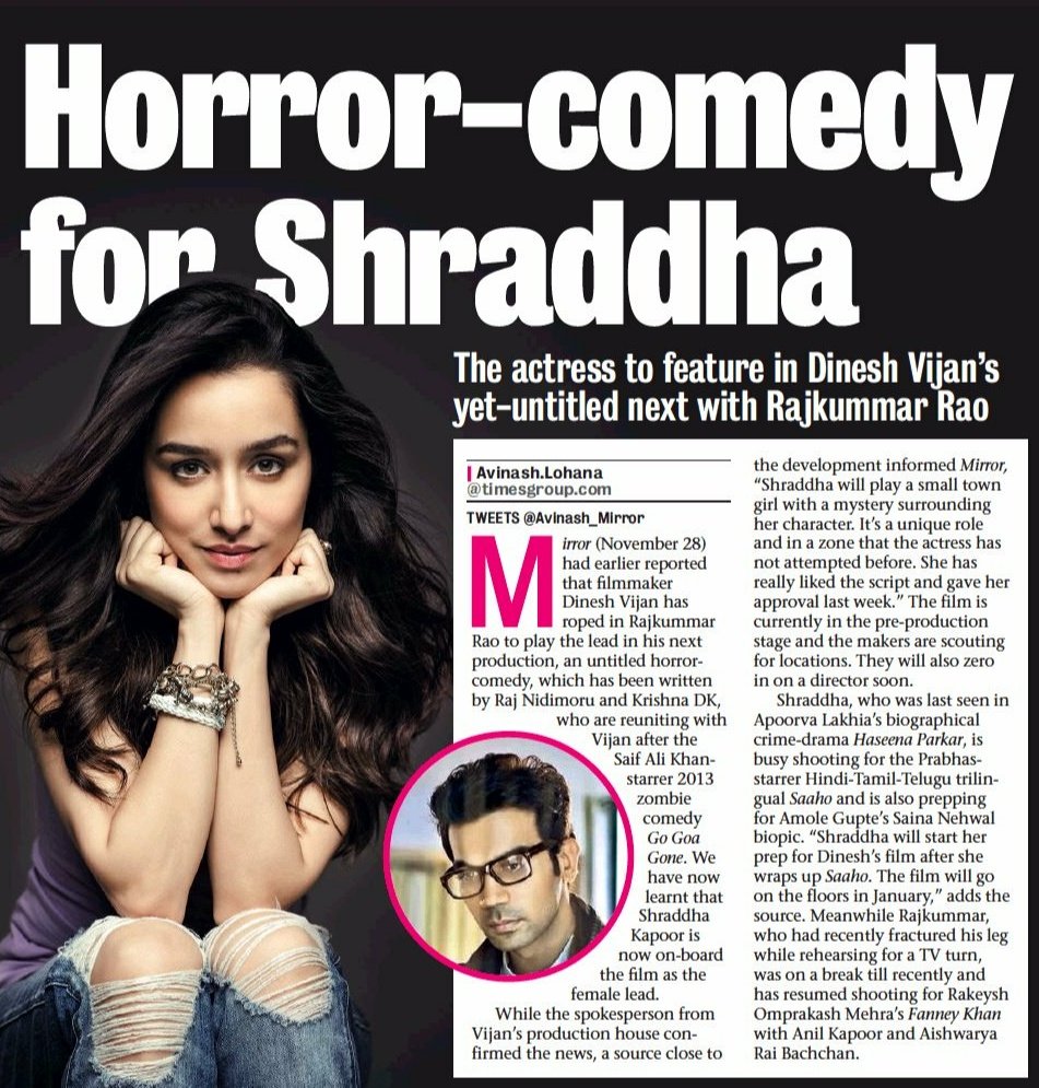 ILuvShraddha's tweet photo. [SCAN]: @ShraddhaKapoor @RajkummarRao team up for a Horror-Comedy! https://t.co/7S7mJBp2pm