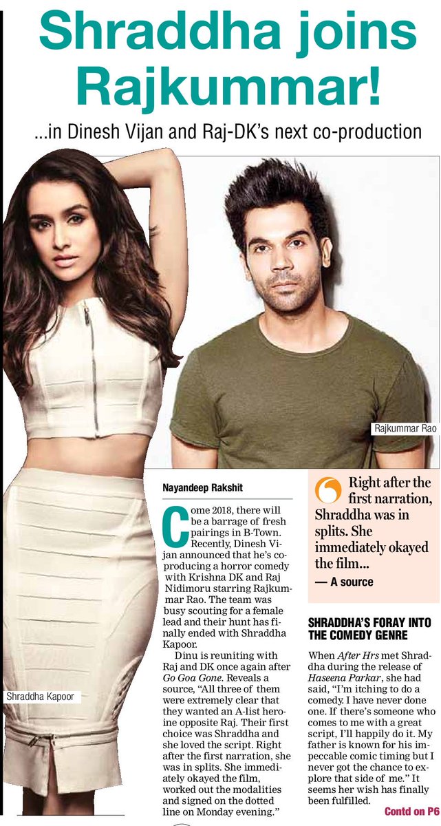 ILuvShraddha's tweet photo. [SCAN]: @ShraddhaKapoor @RajkummarRao team up for a Horror-Comedy! https://t.co/7S7mJBp2pm