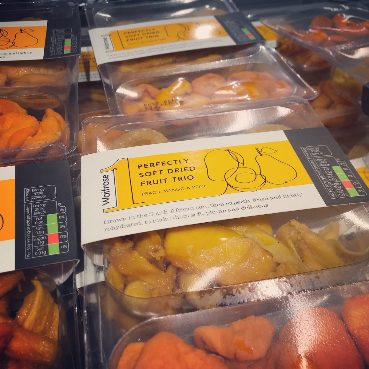 mikefruitnet's tweet photo. Perfectly Soft Dried Fruit Trio: nicely presented South African peach, mango &amp; pear pack, part of @waitrose #waitrose1 branded offer. https://t.co/kZqTYyZy1U