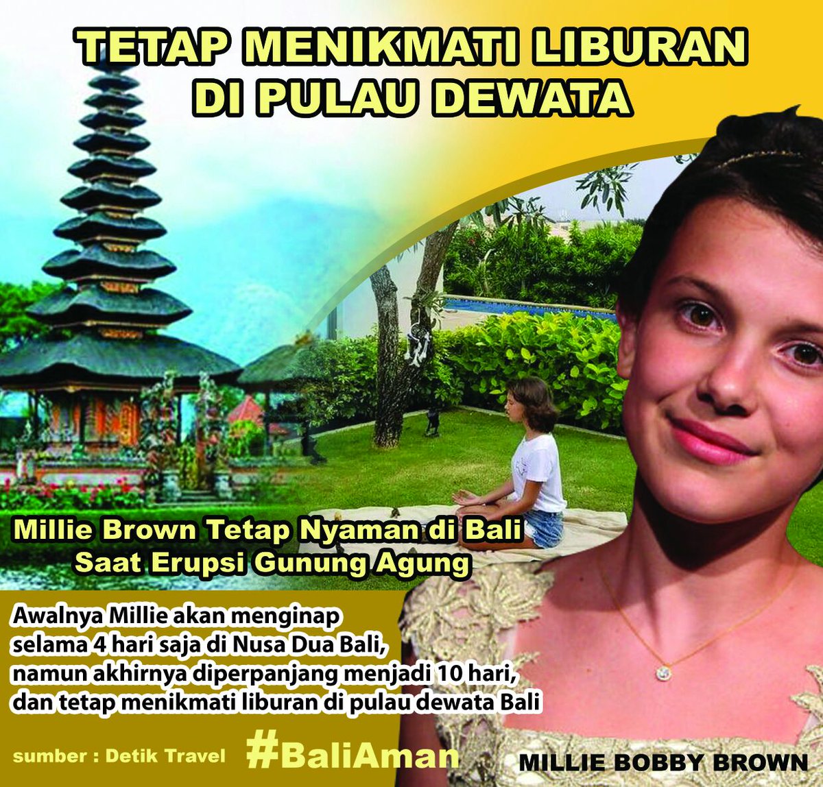 Bali aman untuk wisata dan liburan. Tak ada yang perlu dikhawatirkan. Memang Gunung Agung masih status Awas. Zona berbahaya di dalam radius 8-10 km dari puncak kawah G.Agung. di luar zona itu aman semua. Bandara Ngurai Rai beroperasi normal. #BaliAman #BALISAFE #Bali