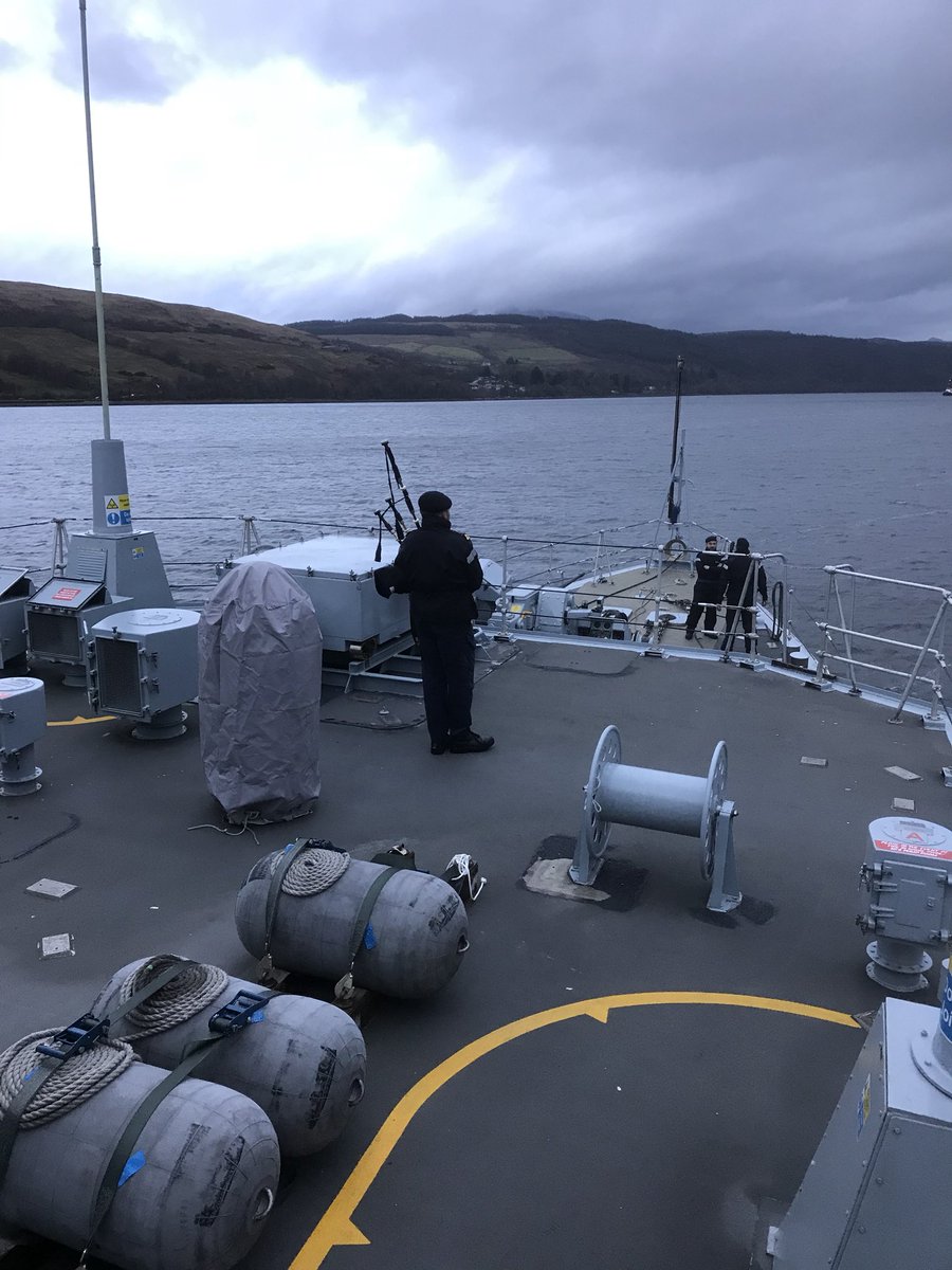 Our resident piper serenades the ship’s company as we glide back into Faslane after 100 days away. Great work by a great team, helping to support <a href="/NATO/">NATO</a> and <a href="/SNMCMG2/">comodoro.snmcmg2</a> as part of versatile <a href="/RoyalNavy/">Royal Navy</a> forces.