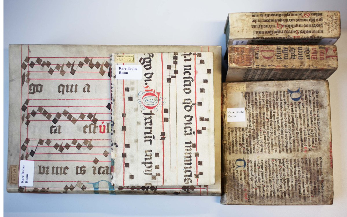 Warburg_Library's tweet image. Some manuscript waste covers from our collection.
When a book was no longer relevant, usable, or legible, its leaves could be re-used in bindings, which allowed to save money on materials (and made for some beautiful covers!)