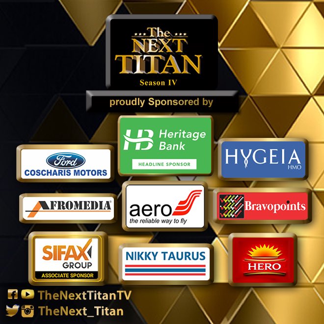 Your Favorite Entrepreneurship Show TheNextTitan is Proudly sponsored by

@heritagebankltd heritagebankng in association with <a href="/sifaxgroup/">SIFAX Group</a>

Supported by <a href="/herolager/">Hero Lager</a>
#FordCoscharis
@NikkyTaurusng
<a href="/courtevilleplc/">Adeyinka azeez</a>
<a href="/flyaero/">Aero Contractors</a>
#Afromedia
@hygeiahmo